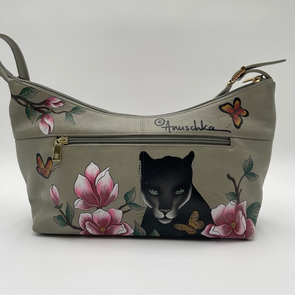 Anuschka Garden Panther Hand-Painted Leather Hobo Purse Dual Zip New - Picture 2 of 13